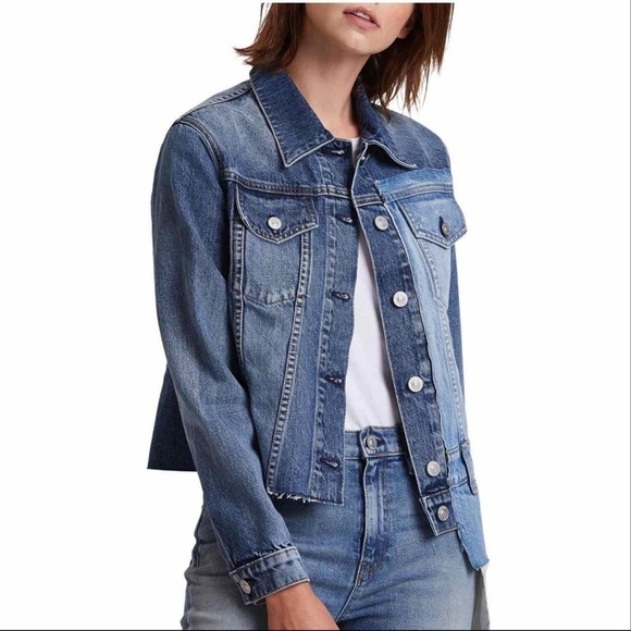Hudson Spliced Denim Trucker Grunge Patchwork Jacket Size Small Blue Denim Wash - Picture 1 of 11